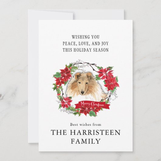 Collie Rough Waterverf Poinsettia Dog Head Feestdagenkaart (Voorkant)