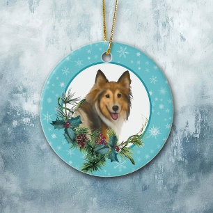 Collie Snowflake Blue Lijst Holiday Bouquet Keramisch Ornament