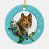 Collie Snowflake Blue Lijst Holiday Bouquet Keramisch Ornament (Voorkant)
