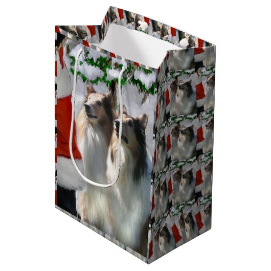 Collies en Kerstman Kerstmis Medium Cadeauzakje (Voorkant Gekanteld)