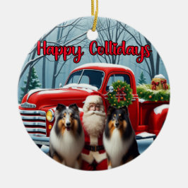 Collies, Kerstman, Rode Truck Ornament