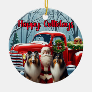 Collies, Kerstman, Rode Truck Ornament