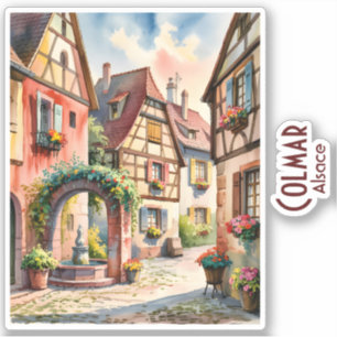 Colmar Frankrijk Elzas Dorp Kunst Aquarel Reizen Sticker