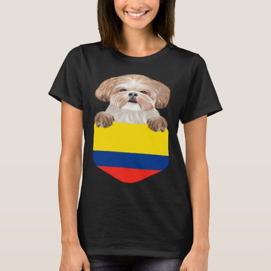 Colombia Flag Shih Tzu Dog In Pocket T-shirt (Voorkant)