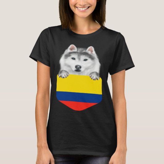 Colombia Flag Siberian Husky Dog In Pocket T-shirt (Voorkant)