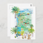 Colombia geïllustreerde reiskaart briefkaart (Voorkant / Achterkant)