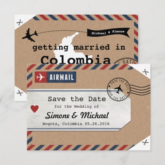 Colombia Map Airmail Bagagelabel Save the Date (Voorkant / Achterkant)