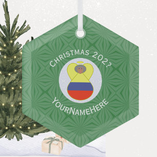 Colombiaanse Kerstengel Abuela Naam Jaar Zeshoek Glas Ornament
