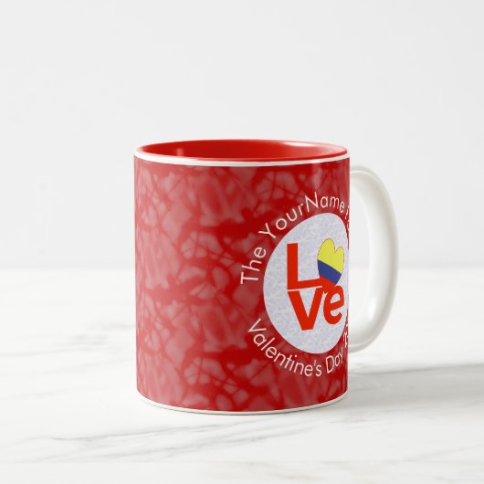 Colombiaanse rode liefde vlag gepersonaliseerd tweekleurige koffiemok (Voorkant rechts)