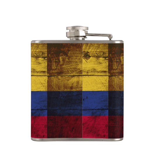 Colombiaanse vlag op oude houten korrel heupfles (Achterkant)