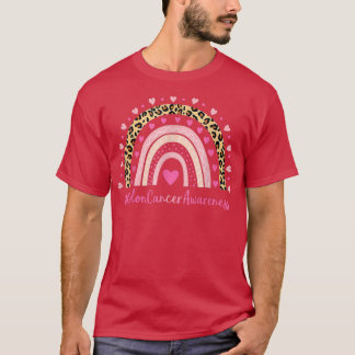Colon Cancer Awareness Pink Heart Leopard Rainbow T-shirt