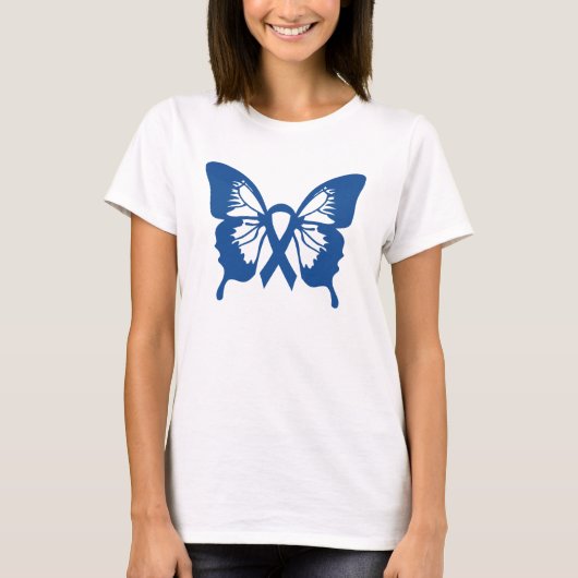 Colon Cancer t-shirt met Blue Butterfly & lbon (Voorkant)