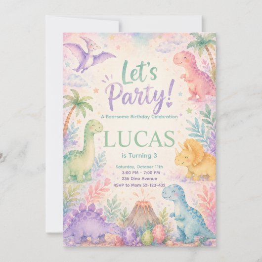 Color Dinosaur Birthday Invitation Editable Kaart (Voorkant)