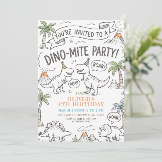 Color Me Dinosaur Birthday Party Kaart (Staand voorkant)