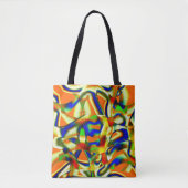 Color patches on twisted greenish beige strips tote bag (Voorkant)