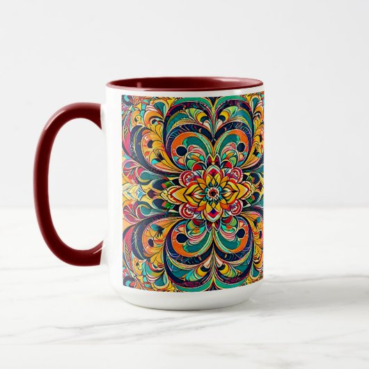 Color Symphony Mandala – Bold Psychedelic Floral Mok (Links)