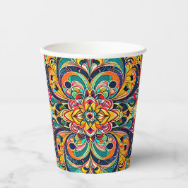 Color Symphony Mandala – Bold Psychedelic Floral Papieren Bekers