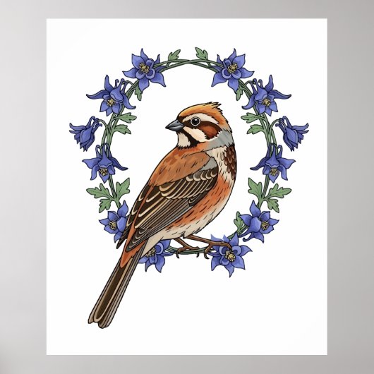 Colorado Lark Bunting Bird Surrounded By Columbine Poster (Voorkant)