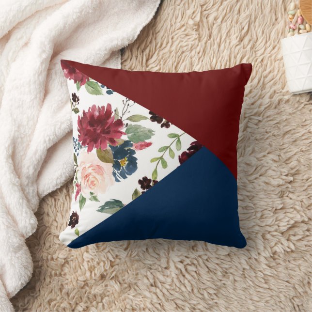 Colorblock Boho Bloom | Bourgogne en marinepatroon Kussen (Deken)