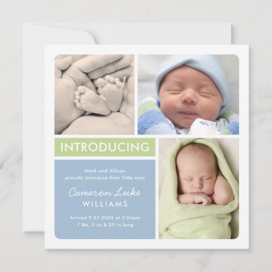 Colorblock Foto Collage Blue Green Baby Birth Aankondiging (Voorkant)