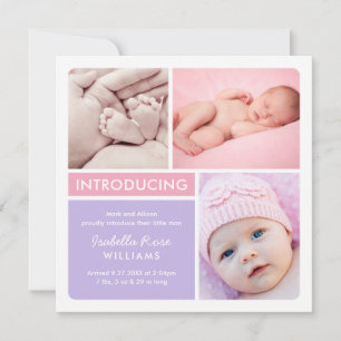 Colorblock Foto Collage Paars Baby Girl Birth Aankondiging