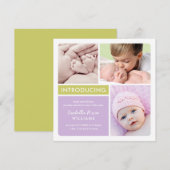 Colorblock Foto Collage Paars Baby Girl Birth Aankondiging (Voorkant / Achterkant)
