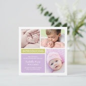 Colorblock Foto Collage Paars Baby Girl Birth Aankondiging (Staand voorkant)