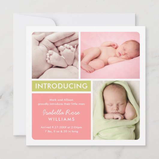 Colorblock fotocollage koraal baby meisje geboorte aankondiging (Voorkant)