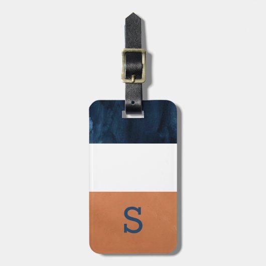 Colorblock Navy Blue, Oranje monogram Bagagelabel (Voorkant verticaal)