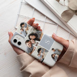 Colorblokfoto Collage & Monogram Case-Mate iPhone Case<br><div class="desc">De de telefoongeval van de grafische foto collage kenmerkt vijf van uw favoriete foto's in een gerasterde lay-out met tegenover elkaar stellende vierkanten in neutraal blauw-grijs. Pas uw monogram aan met één initiaal in wit.</div>