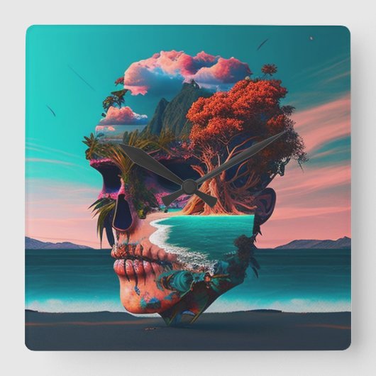 Colored skull head vierkante klok (Voorkant)