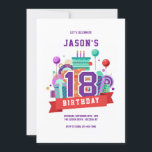 Colorful 18th Birthday Party Kaart<br><div class="desc">Een mijlpaal verjaardagsfeestuitnodiging met het nummer 18 met ballonnen, cadeaus en een verjaardagstaart. (Achtergrondvector gemaakt door freepik - www.freepik.com). De kaart is eenvoudig aan te passen met uw tekst, lettertype, lettertypekleur en papiervormopties. Niet precies wat je zoekt? Al onze producten kunnen op maat worden ontworpen om zonder extra kosten aan...</div>