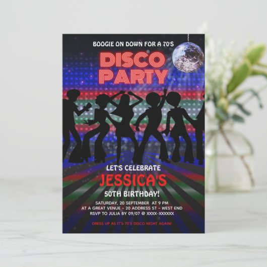 Colorful 70s Disco Danspartij Uitnodiging (Staand voorkant)