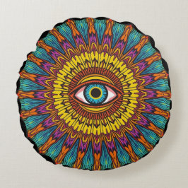 Colorful 90s Mandala Art -Trippy Third Eye Graphic Rond Kussen