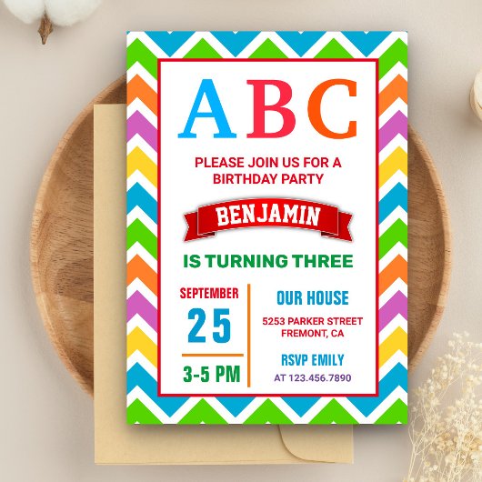 Colorful ABC Kinder Alphabet Birthday Party Kaart