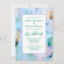 Colorful Abstract Pink Blue Wedding Invite QR Code Kaart