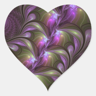 Colorful Abstract Violet Paars Khaki Fractal Art Hart Sticker