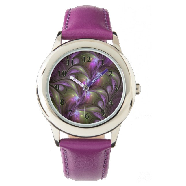 Colorful Abstract Violet Paars Khaki Fractal Art Horloge (Voorkant)