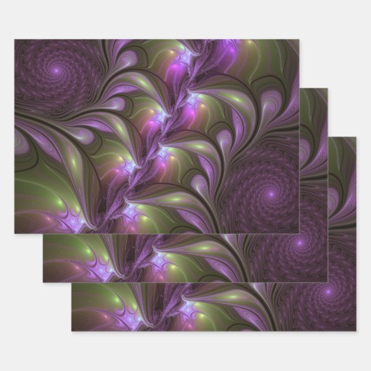 Colorful Abstract Violet Paars Khaki Fractal Art Inpakpapier Vel (Set)