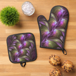 Colorful Abstract Violet Paars Khaki Fractal Art Ovenwant & Pannenlap Set