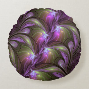 Colorful Abstract Violet Paars Khaki Fractal Art Rond Kussen
