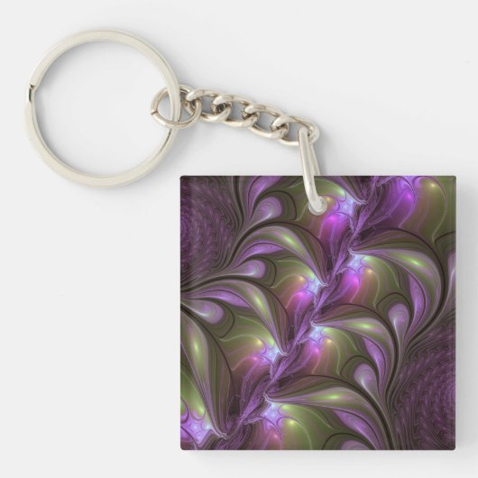Colorful Abstract Violet Paars Khaki Fractal Art Sleutelhanger (Voorkant)