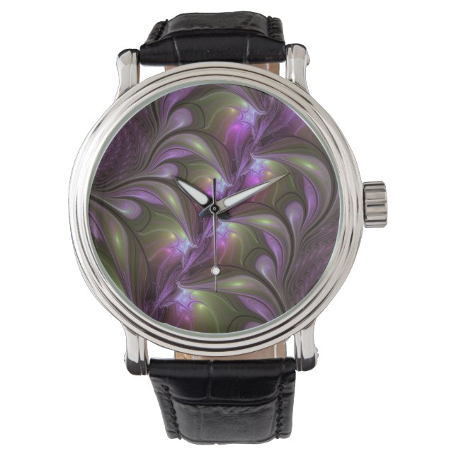 Colorful Abstract Violet Purple Khaki Fractal Art Horloge (Voorkant)