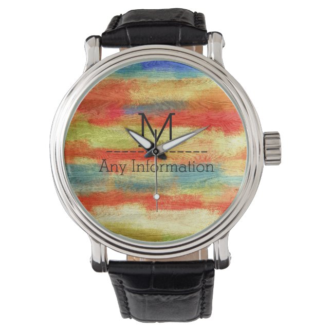 Colorful Abstract Wood Grain Monogram Horloge (Voorkant)