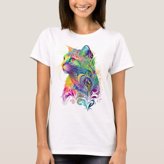 COLORFUL ABSTRACTE SITTING CAT T-SHIRT (Voorkant)