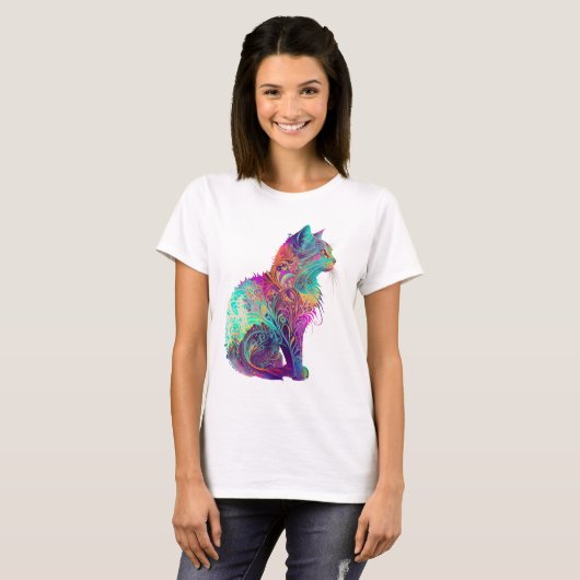 COLORFUL ABSTRACTE SITTING CAT T-SHIRT (Voorkant volledig)