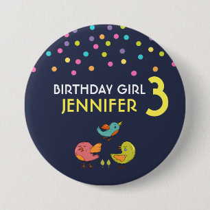 Colorful and Cute Whimsical Birds Birthday Girl Ronde Button 7,6 Cm