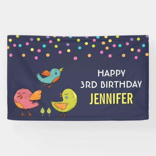 Colorful and Cute Whimsical Birds Trio Birthday Spandoek (Horizontaal)
