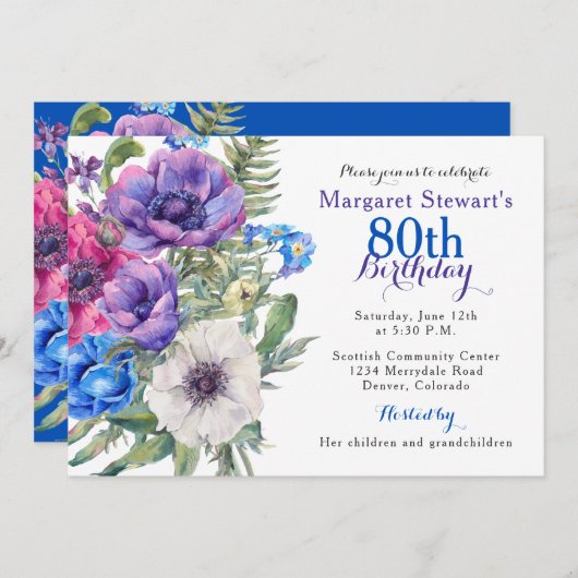 Colorful Anemone Flower 80th Birthday Invite Kaart (Voorkant / Achterkant)