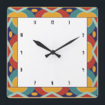 Colorful art deco border vierkante klok<br><div class="desc">Kunstdecostijl kleurrijke geometrische rand met rood, goud, blauw en blauwgroen, een decodekleurschema. De tegenvallen en de vierkanten in de retro stijl vormen een grens rond het zwarte en witte centrum met een decodoopvont voor de klokaantallen. Kunstdeco is een ontwerpstijl die in de jaren 20 en 30 aan populariteit roos en...</div>